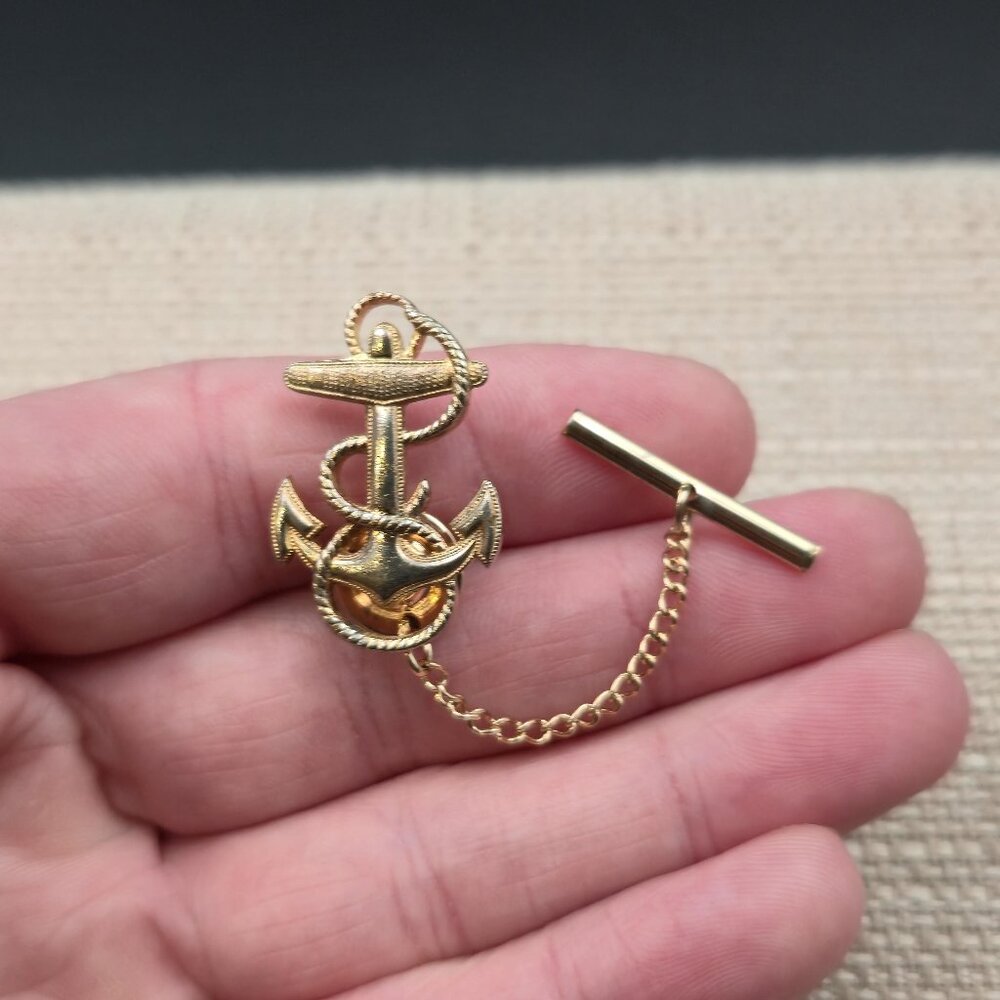 Gold Plated Navy Anchor Design Tie Tack With Chain A6963